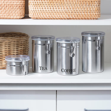 Oggi Stainless Steel Tea Canister 62 fl oz - Airtight Clamp Lid, Clear See-Thru Top - Ideal for Tea Bag Storage, Loose Tea Storage, Kitchen Storage, Pantry Storage. Large Size 5